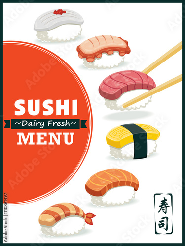 Vintage Sushi poster design. Chinese word means sushi.