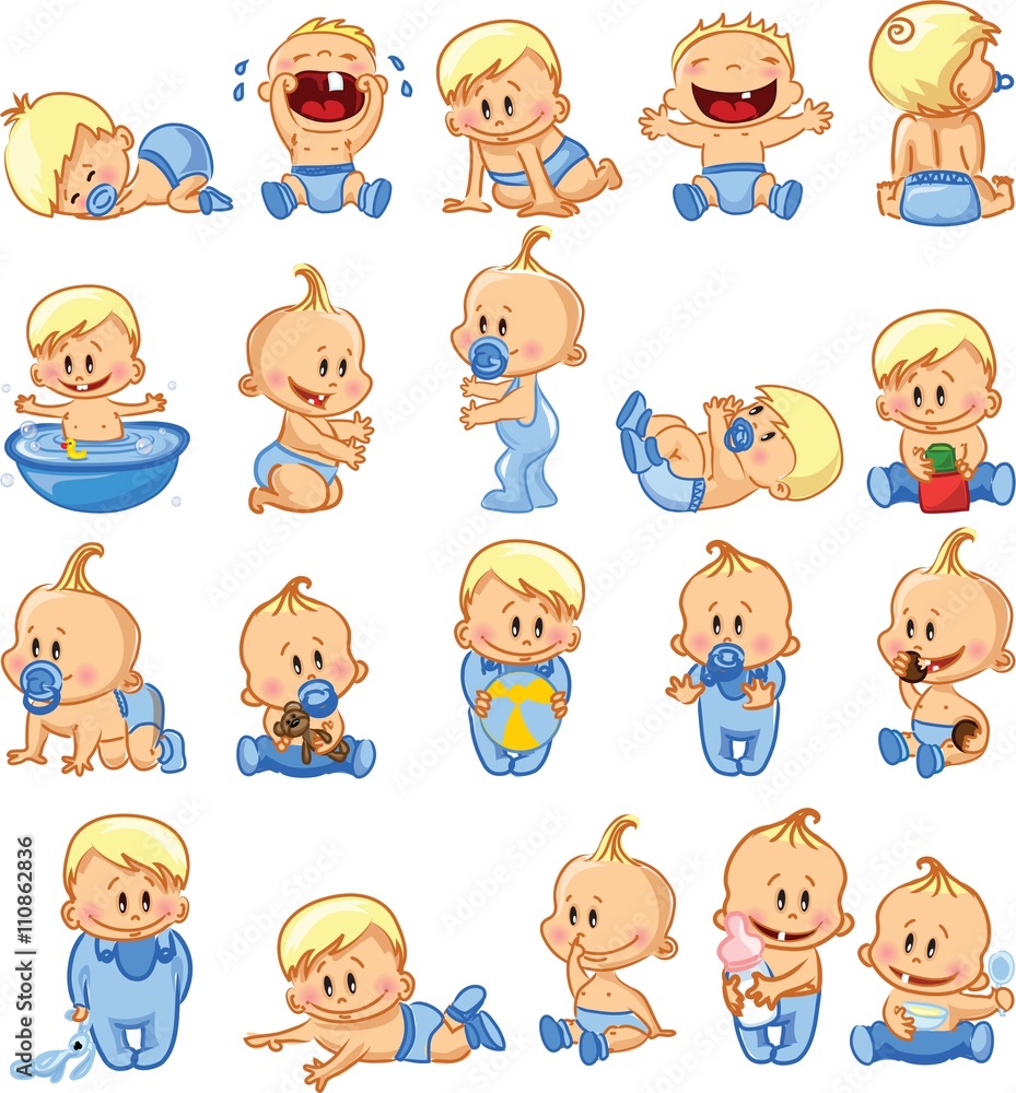 Vector illustration of baby boys and baby girls. Various poses.First year activities. Baby activities icons - baby in diaper, crawling, sitting, smiling, sleeping baby and others. Vector illustration of baby boys and baby girls. Various poses.First year activities. Baby activities icons - baby in diaper, crawling, sitting, smiling, sleeping baby and others.