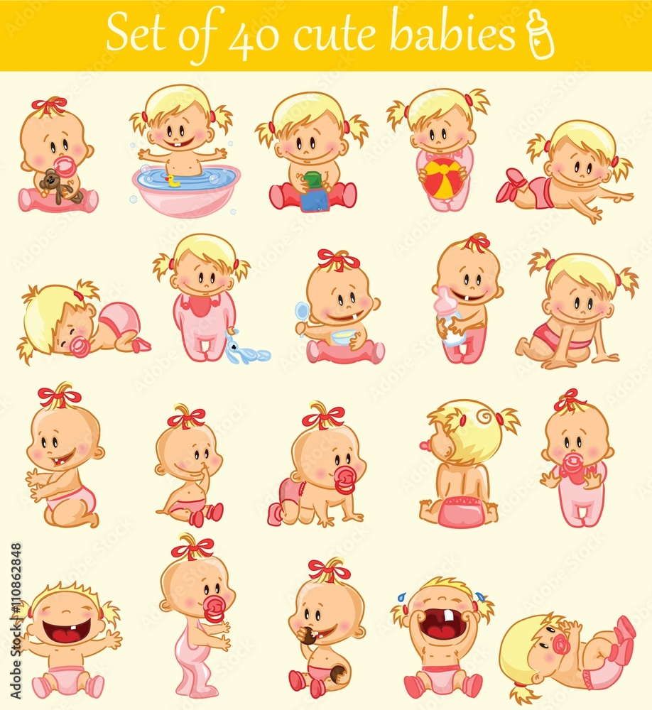 Vector illustration of baby girls. Various poses.First year activities. Baby activities icons - baby in diaper, crawling, sitting, smiling, sleeping baby and others. Vector illustration of baby girls. Various poses.First year activities. Baby activities icons - baby in diaper, crawling, sitting, smiling, sleeping baby and others.