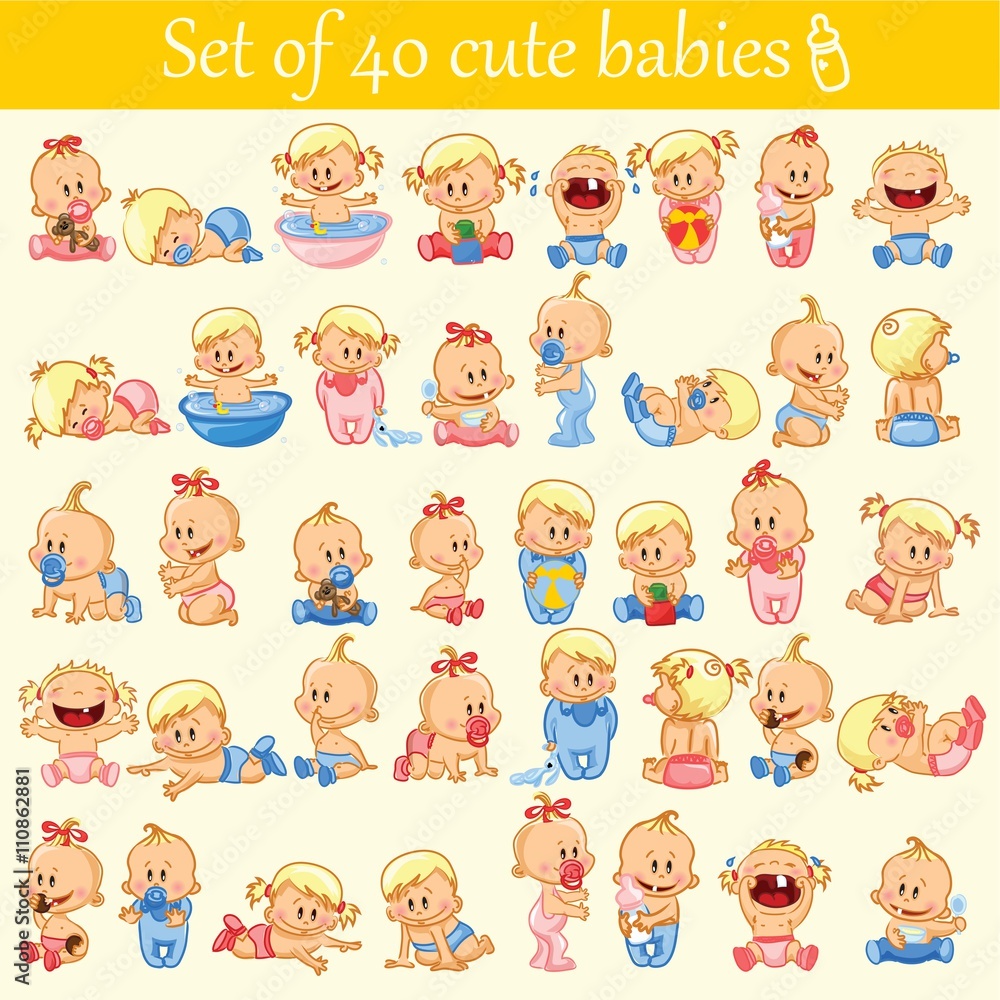 Vector illustration of baby boys and baby girls. Various poses.First year activities. Baby activities icons - baby in diaper, crawling, sitting, smiling, sleeping baby and others. Vector illustration of baby boys and baby girls. Various poses.First year activities. Baby activities icons - baby in diaper, crawling, sitting, smiling, sleeping baby and others.