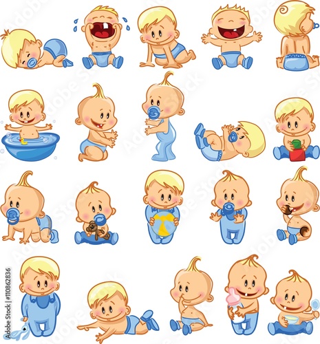 Vector illustration of baby boys and baby girls. Various poses.First year activities. Baby activities icons - baby in diaper, crawling, sitting, smiling, sleeping baby and others. 