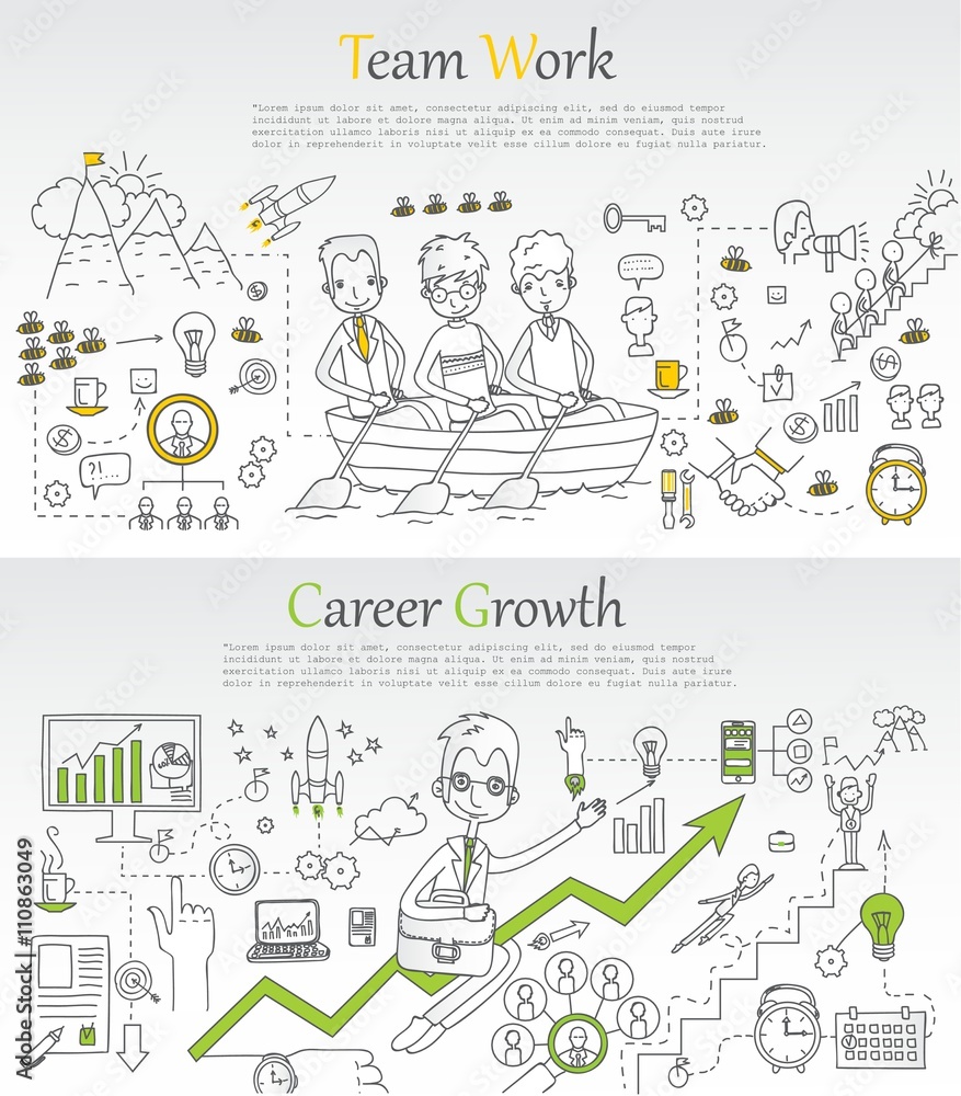 Doodle line design of web banner templates with outline icons of career growth, team work.Vector illustration concept for website or infographics. Doodle line design of web banner templates with outline icons of career growth, team work.Vector illustration concept for website or infographics.