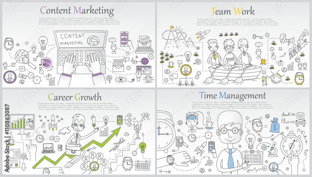 Obraz premium Doodle line design of web banner templates with outline icons of time management, career growth,big idea, finance planning, team work.Vector illustration concept for website or infographics. 