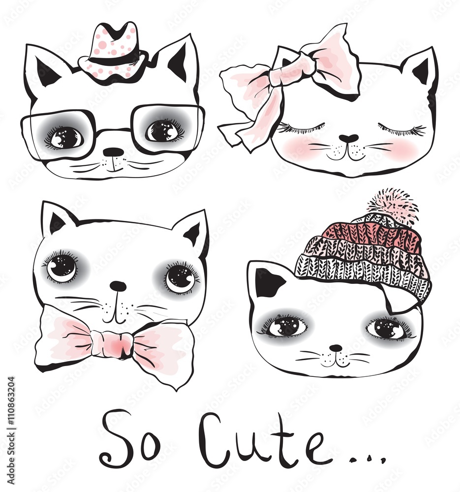 Set of 4 Vector doodle cute cats avatars