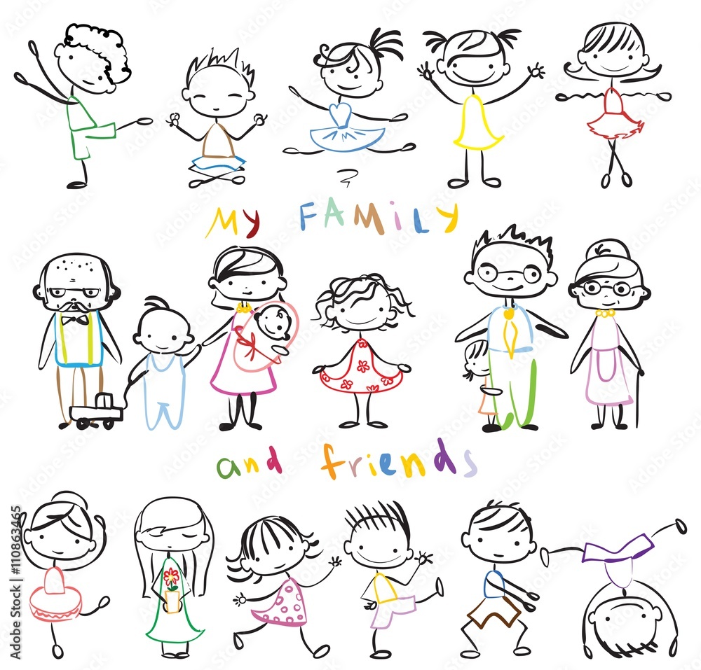 Vector children's doodle of happy family and friends. Happy family and kids holding hands and smiling Vector children's doodle of happy family and friends. Happy family and kids holding hands and smiling
