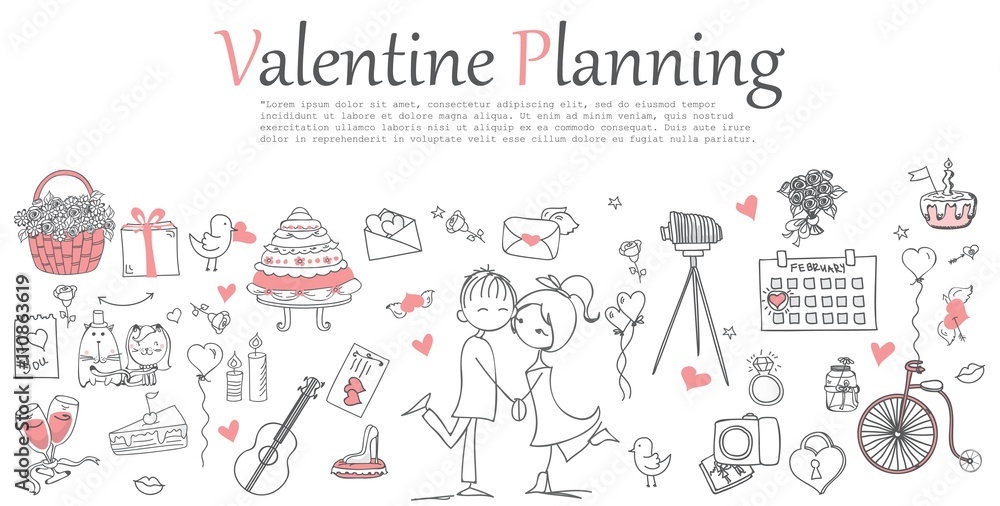 Valentine Doodle line design of web banner templates with outline icons of valentine planning and greeting card.Vector illustration concept for valentine day. Valentine Doodle line design of web banner templates with outline icons of valentine planning and greeting card.Vector illustration concept for valentine day.