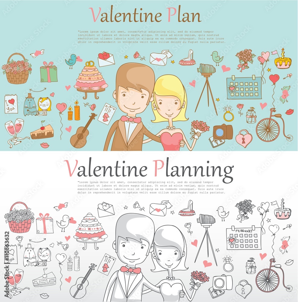 Doodle line design of web banner template with outline cartoon valentine icons. Valentine Planner Icons and Info graphics for invitation and greeting cards