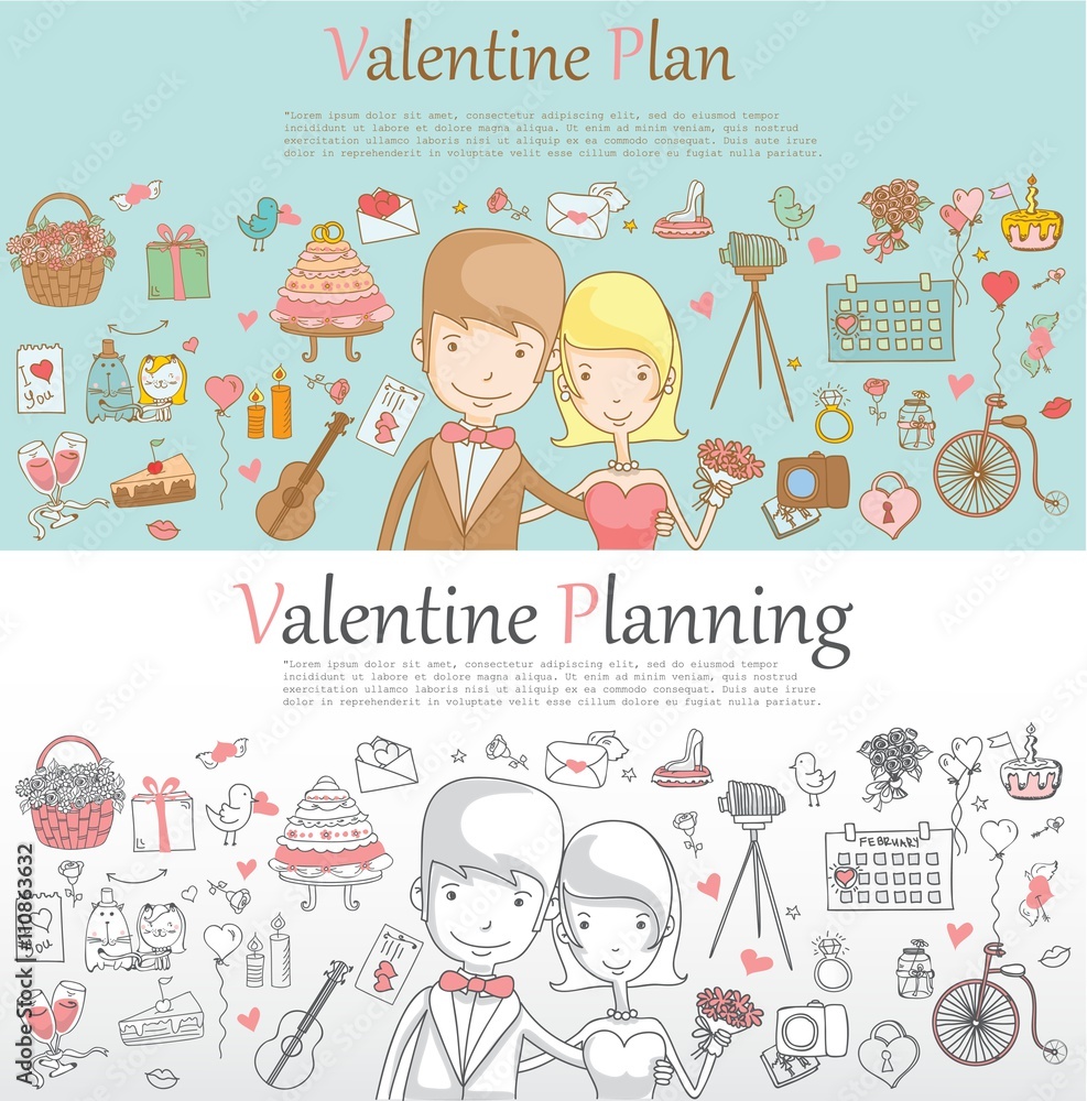 Fototapeta premium Doodle line design of web banner template with outline cartoon valentine icons. Valentine Planner Icons and Info graphics for invitation and greeting cards
