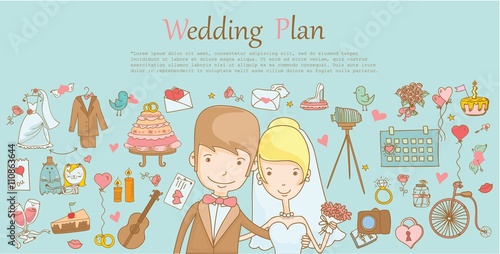 Doodle line design of web banner template with outline cartoon wedding icons. Wedding Planner Icons and Infographics for invitation and greeting cards