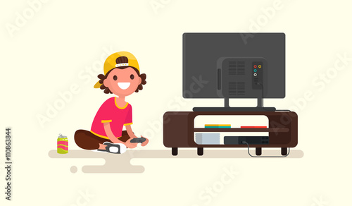 Boy playing video games on a game console. Vector illustration