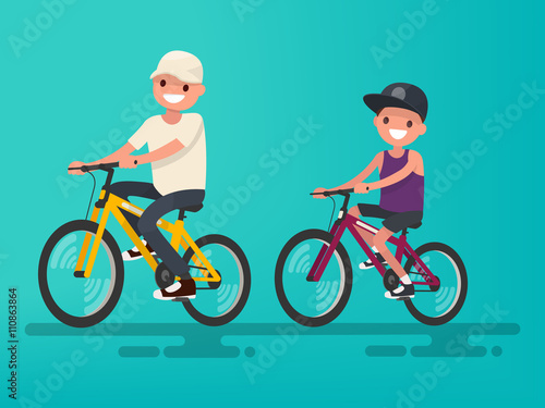 Father and son riding bikes. Vector illustration
