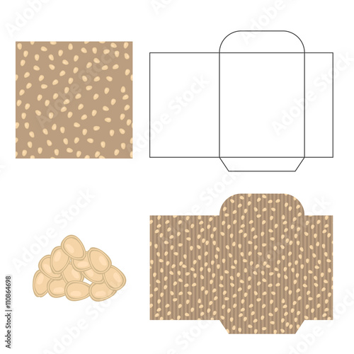 Pumpkin seeds packaging design kit. Recycled paper pack template. Pile of pumpkin seeds and pattern for wrap.