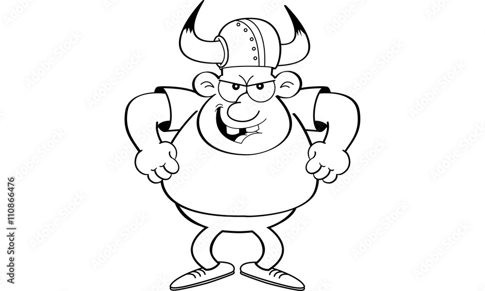 Black and white illustration of an angry man wearing a viking helmet.