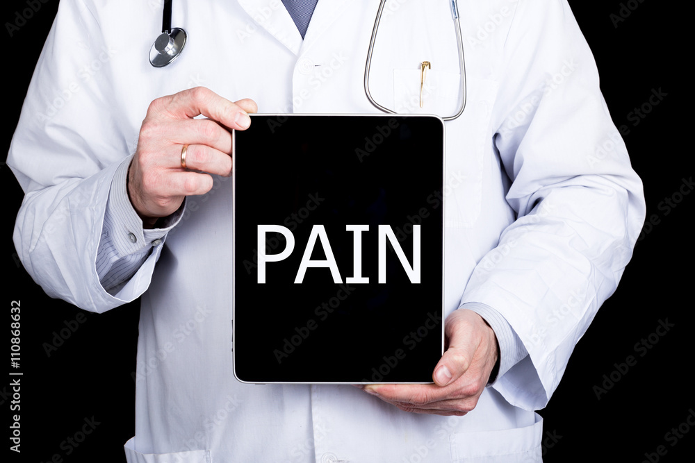technology, internet and networking in medicine concept - Doctor holding a tablet pc with pain sign. Internet technologies in medicine technology, internet and networking in medicine concept - Doctor holding a tablet pc with pain sign. Internet technologies in medicine