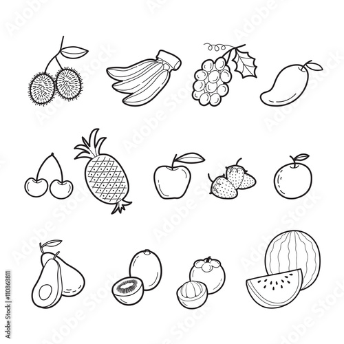 Fototapeta Naklejka Na Ścianę i Meble -  Fruits Outline Icons Set, Tropical Fruits, Healthy Eating, Food, Juice