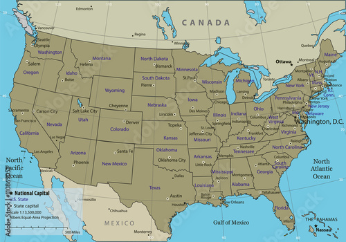 USA map with federal states. All states are selectable. Vector