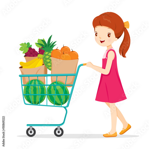 Girl Pushing Shopping Cart With A Lot Of Fruits, Tropical Fruits, Healthy Eating, Food, Juice