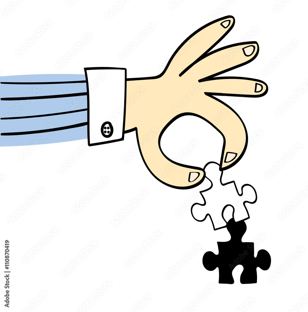 Hand in a business shirt about to place the missing last piece of a jigsaw puzzle to complete a white background with copy space Hand in a business shirt about to place the missing last piece of a jigsaw puzzle to complete a white background with copy space