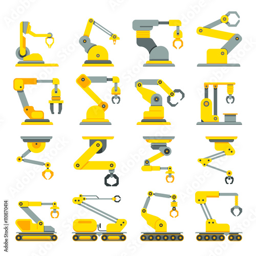 Robotic arm, hand, industrial robot flat vector icons set. Robot industry technology and machine arm robot for manufacture illustration