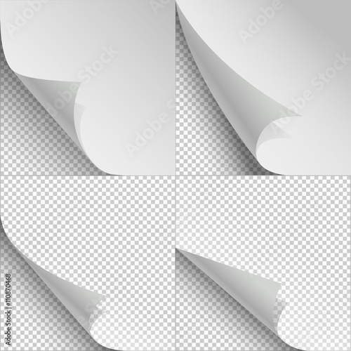 Blank sheets of paper with page curl and shadows. Sheet paper with corner curl, blank paper bent set. Vector illustration