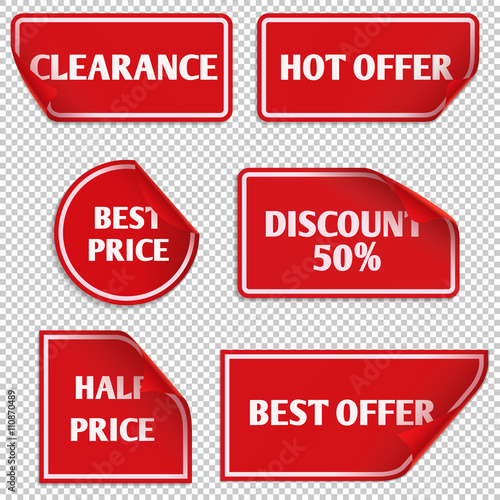 Vector red paper sale stickers with curled edge. Label sale and sticker tag sale illustration