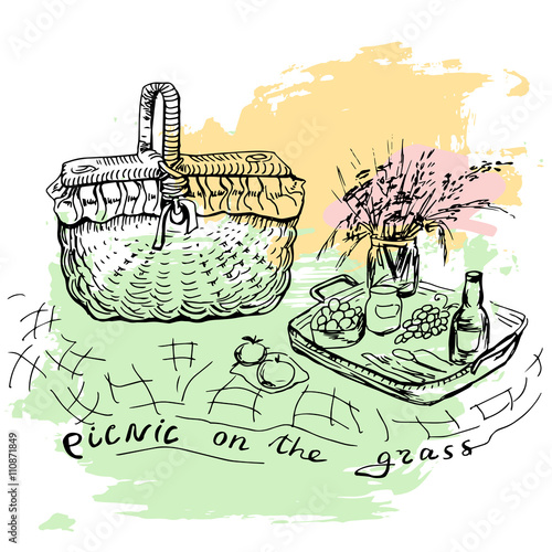 Hand drawn picnic place with big basket