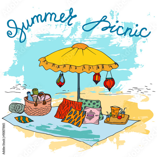 Hand drawn picnic on the beach with big umbrella