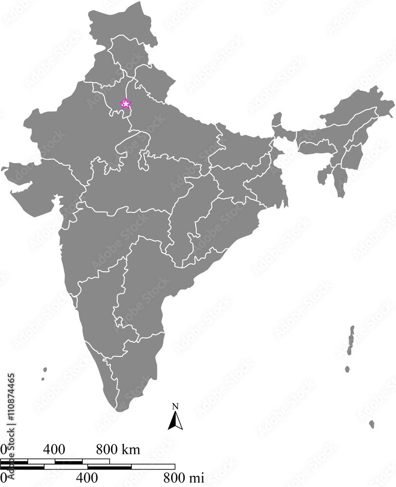 India map vector outline with scales of miles and kilometers in gray background Stock 