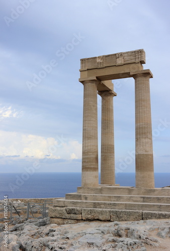 Columns of the Hellenistic stoa. Acropolis of Lindos. Rhodes, Greece.