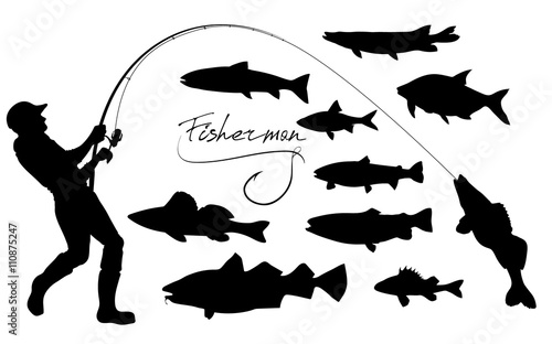 fisherman and fishes silhouettes photo