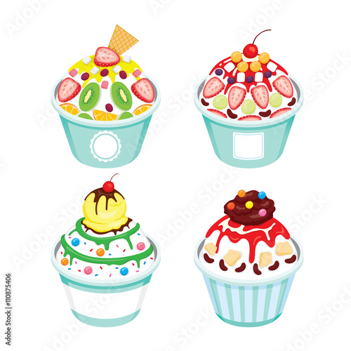 Shave Ice With Different Topping Set, Summer, Frozen Food, Eating, Icy