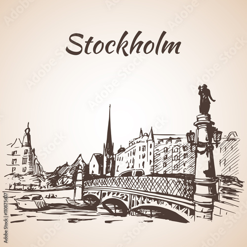 Photography Stockholm sity street view with bridge