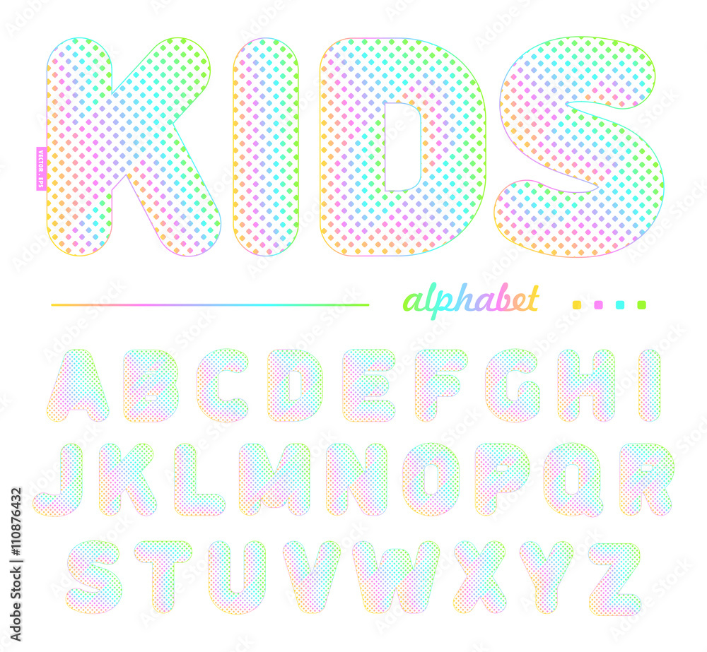 A cheerful kids font with colored dots used in education, advertising, design shops, and postcards for the holidays. Vector illustration. A cheerful kids font with colored dots used in education, advertising, design shops, and postcards for the holidays. Vector illustration.