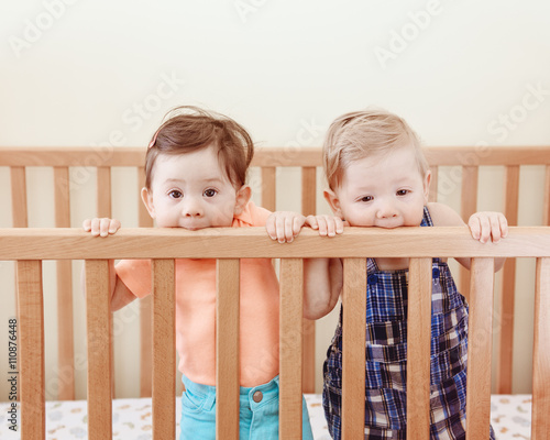 Portrait of two cute adorable funny babies siblings friends of nine months standing in bed crib chewing eating sucking wooden sides, looking in camera away, lifestyle everyday sweet candid moment photo