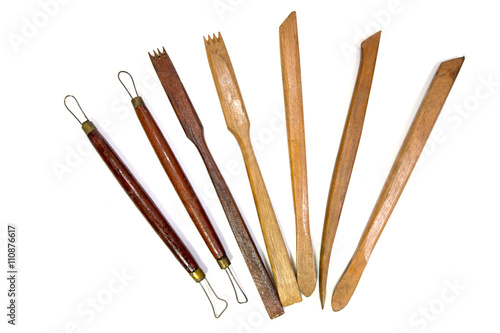 Carving tools, pottery white background