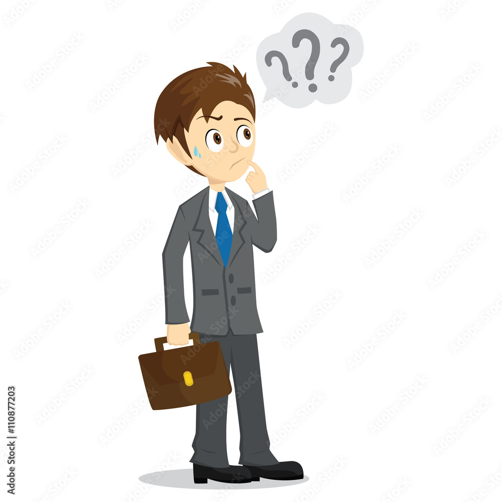 Confuse Businessman Looking At Question Mark With Bag Confuse Businessman Looking At Question Mark With Bag