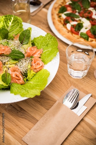 Salmon Salad and Pizza