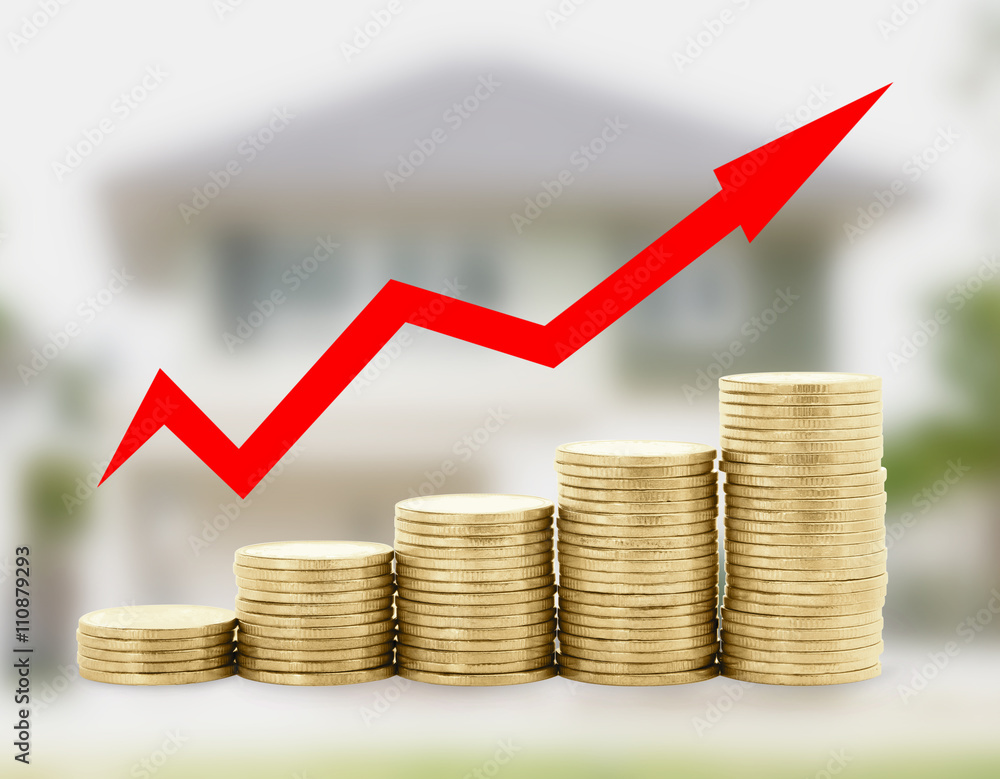 Gold coin diagram with arrow on home blur background , success f Gold coin diagram with arrow on home blur background , success f