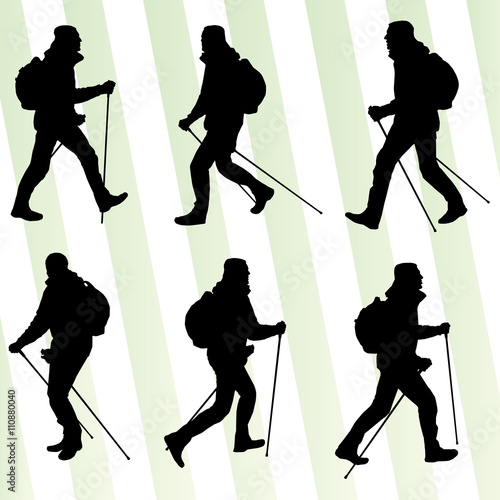 Man hiking adventure nordic walking with poles vector illustrati