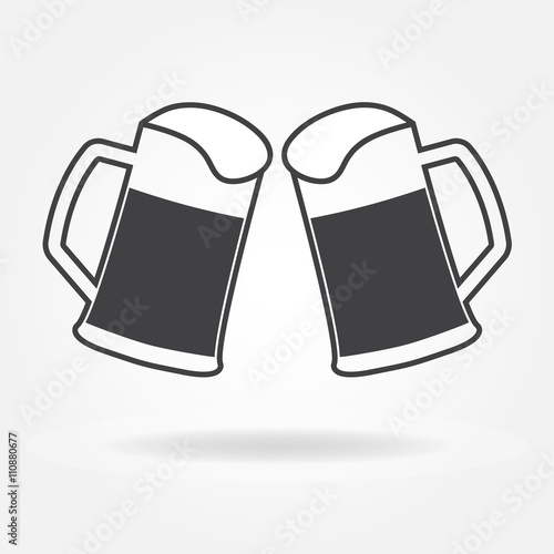 Two glasses or beer mugs isolated on white background. Cheers icon or sign. Vector illustration.