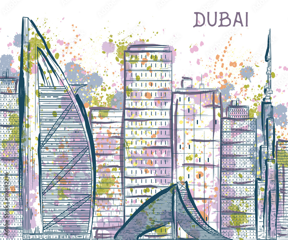 Fototapeta premium Dubai. Abstract cityscape with splashes in watercolor style. Vintage vector illustration
