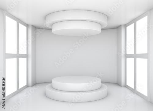 Empty showcase in white room with window