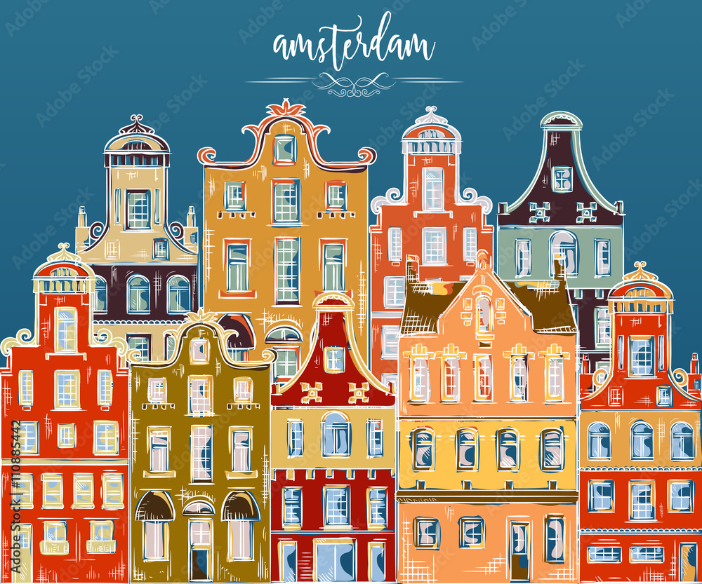 Amsterdam. Old historic buildings and traditional architecture of Netherlands. Colorful hand drawn grunge style art. Vintage vector illustration. Banner, card, scrap booking, print, poster