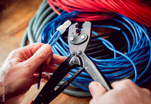 Electrical equipment. Electricity cable and crimper.