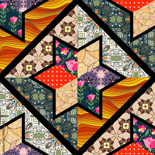 Seamless patchwork pattern with black seams. Beautiful quilt design.