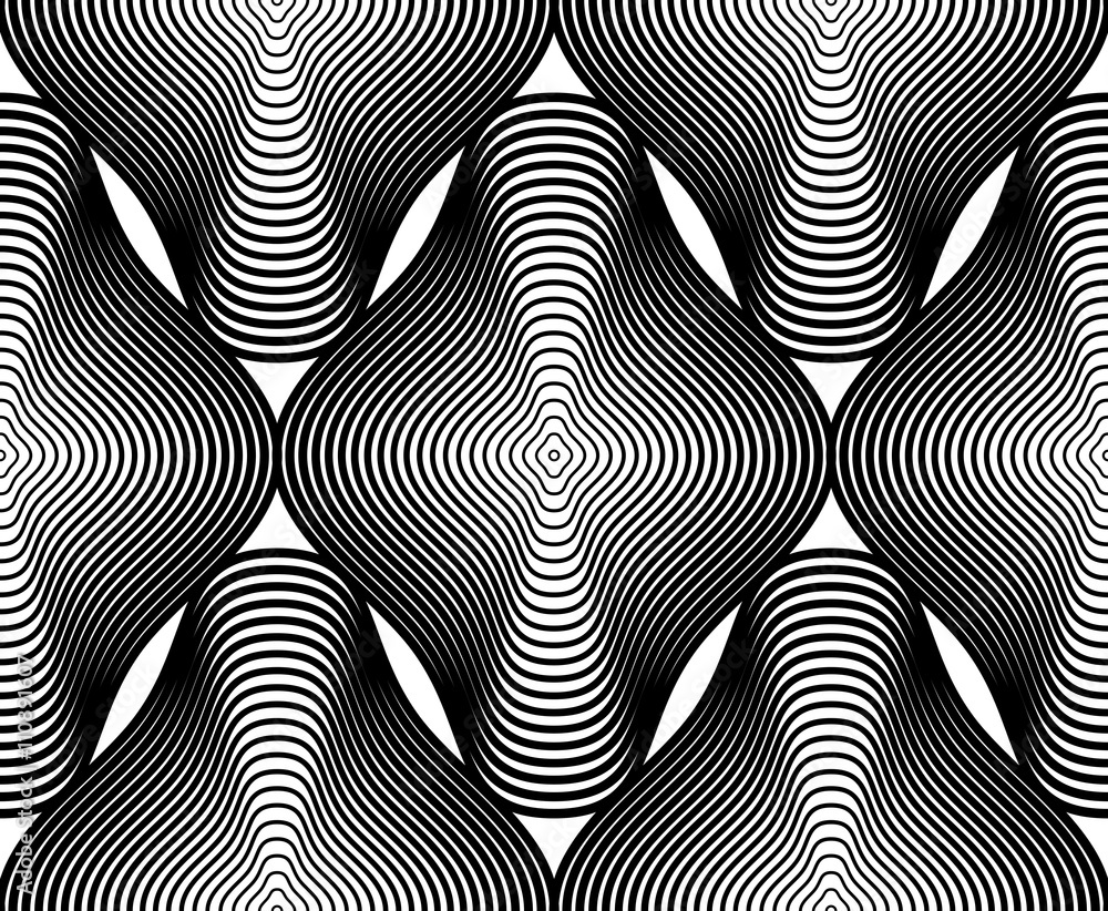 Geometric monochrome stripy seamless pattern, black and white vector