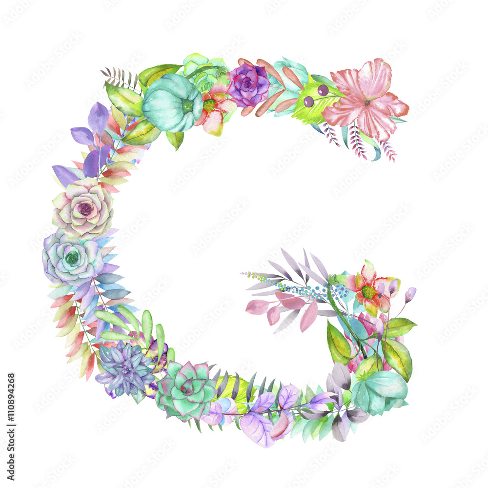 Capital letter G of watercolor flowers, isolated hand drawn on a white background, wedding design, english alphabet for the festive and wedding decor and cards Capital letter G of watercolor flowers, isolated hand drawn on a white background, wedding design, english alphabet for the festive and wedding decor and cards