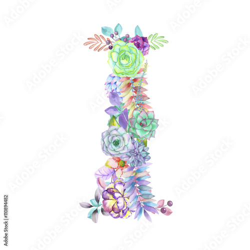 Capital letter I of watercolor flowers, isolated hand drawn on a white background, wedding design, english alphabet for the festive and wedding decor and cards