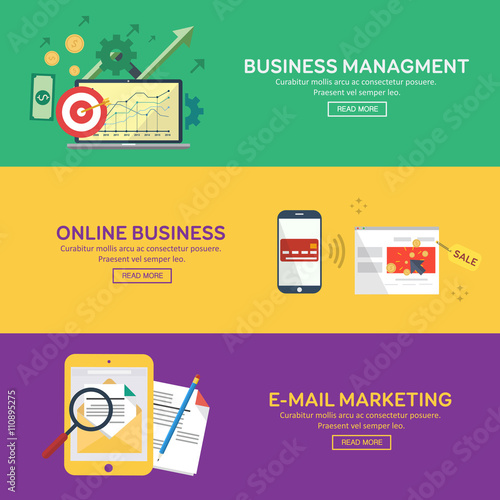 Flat design concepts for business, finance, business managment, online business, e-mail marketing. Concepts for web banners and promotional materials.