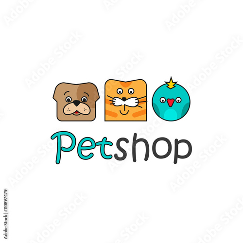 Pet shop vector logo template, flat outline color pets dog, cat, bird logotype design, pets faces isolated on white background, cartoon logotype illustration